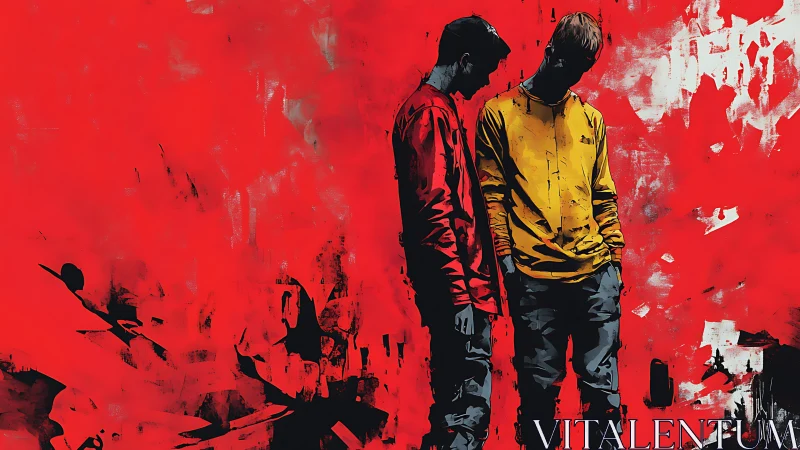 Two thoughtful friends stand quietly against bold red chaos