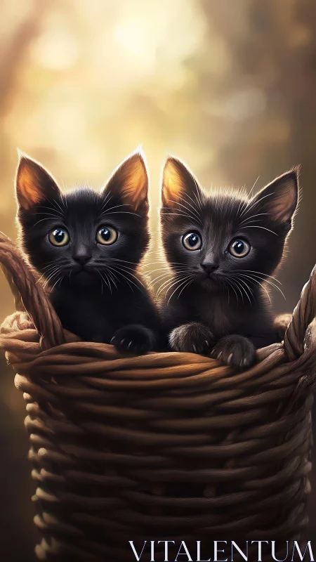 Two Black Kittens in a Woven Basket at Golden Hour