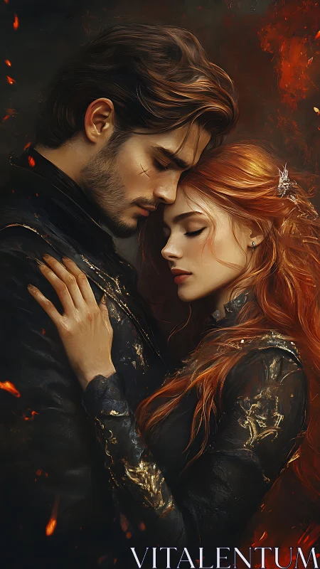 Dark Romance: Intimate Portrait of Couple in Fiery Embellished Garments