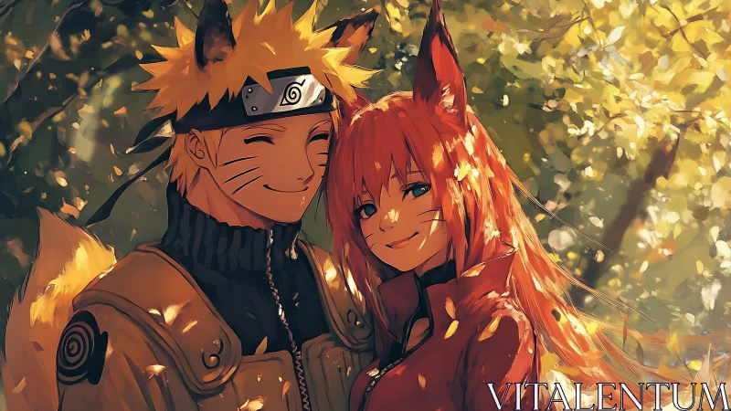 Fox-eared anime couple share a warm autumn forest embrace.