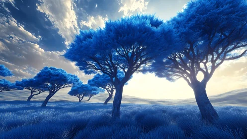 Iridescent blue trees curve across a luminous fantasy plain