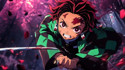 Determined anime swordsman lunges through crimson petals.