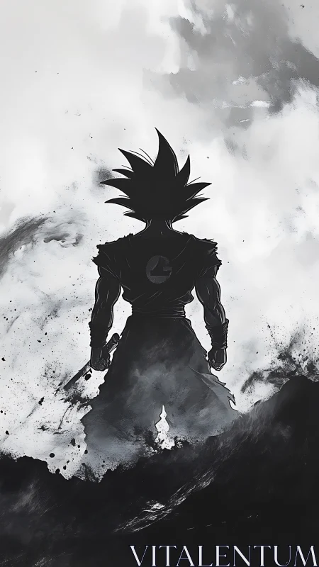 Storm-shrouded anime warrior silhouette in monochrome inkscape.