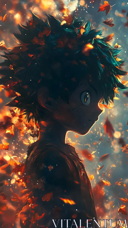 Autumn-lit anime boy in glowing leaves silhouette profile.