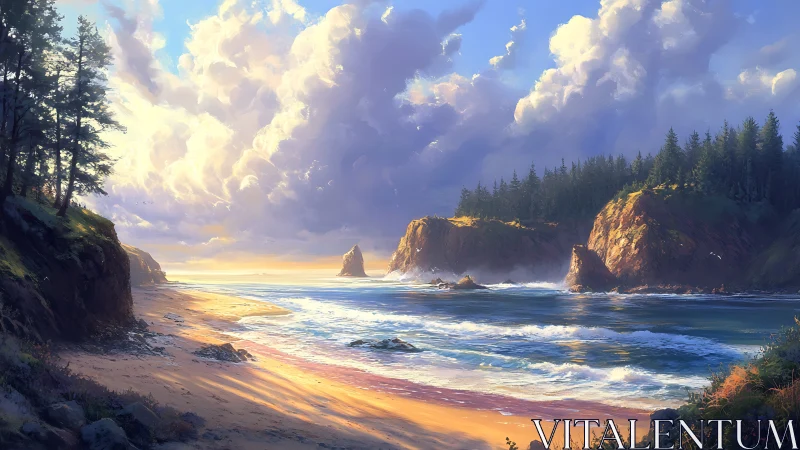 Sunlit cliffside cove under roaming cathedral clouds.