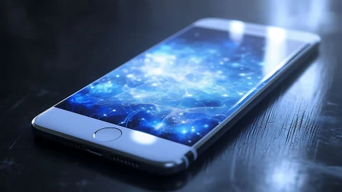 Futuristic smartphone screen glows with cosmic blue energy