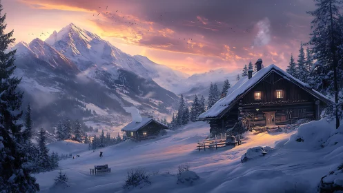 Snowbound alpine cabin beneath glowing sunset peaks.