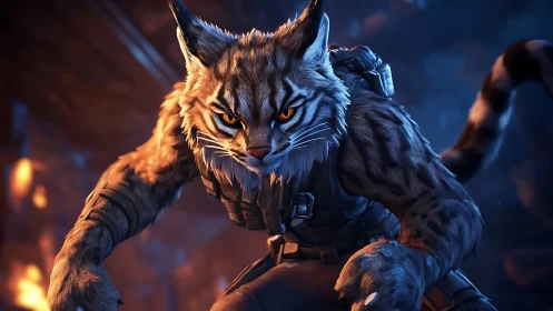 Fierce warrior lynx strides forward in glowing blue firelight