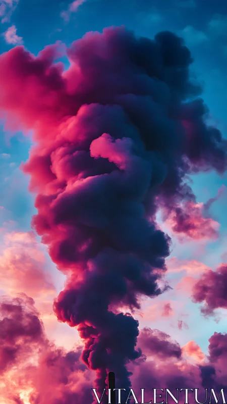 Industrial smokestack releases dense pink and blue plume