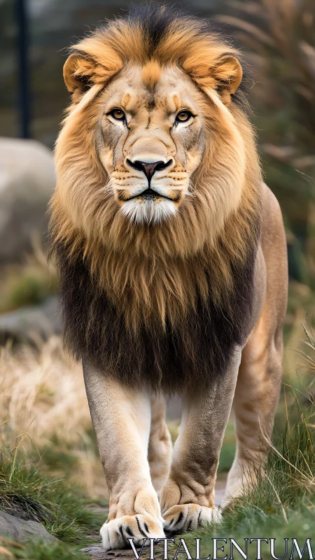 Male lion walking forward with intense frontal gaze.