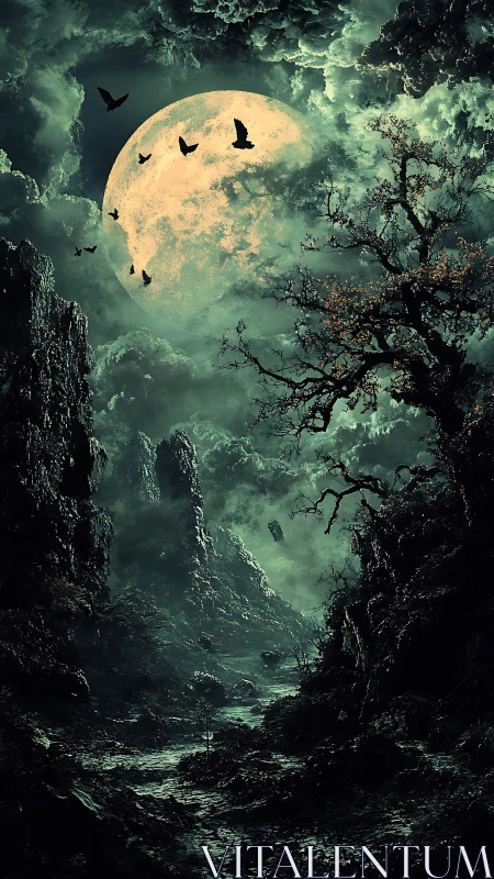Haunted moonlit ravine under swirling storm clouds at night.
