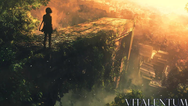 Solitary figure on overgrown platform above hazy city.