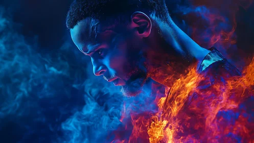Profile portrait of man in blue smoke and orange flames.