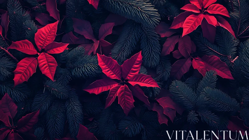 Crimson poinsettia foliage over deep evergreen groundcover.