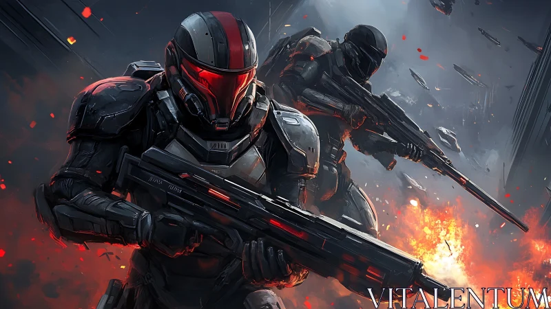 Red-visor shock troopers crossing a burning orbital warzone.