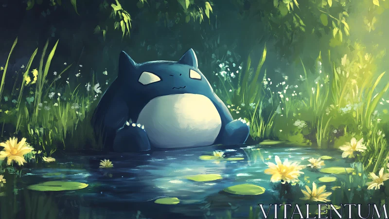 Blue creature resting beside reflective pond in forest light.