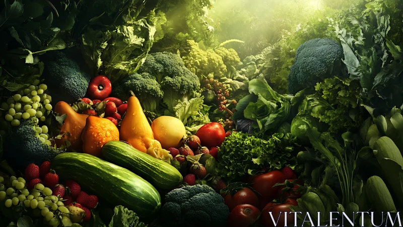 Sunlit harvest canyon of vegetables in lush green splendor.