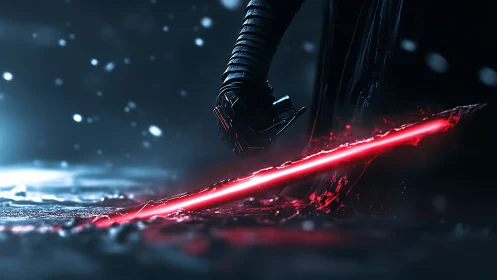 Dark figure holding red energy blade in snowy environment.