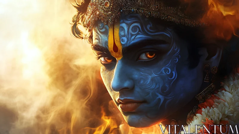 Blue-skinned deity portrait with firelit background.