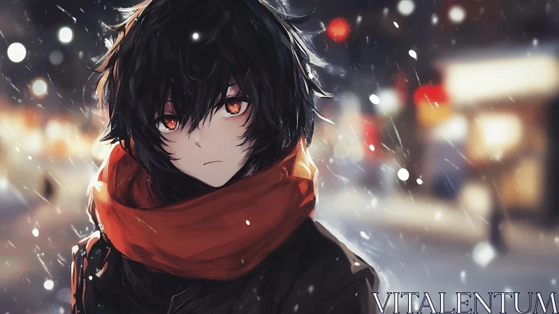 Black-haired anime youth with red scarf in snowy city street.