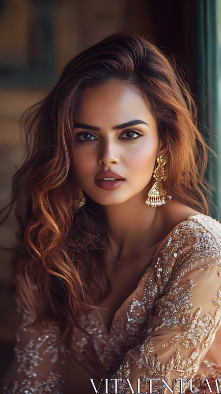 Photorealistic portrait of woman in sequined embroidered gown