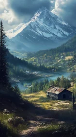 Snowcapped alpine peak dominates rustic lakeside valley vista