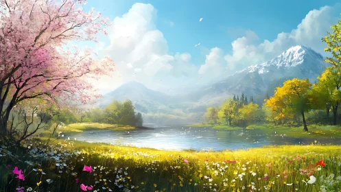 Spring lake valley under bright alpine morning sky.