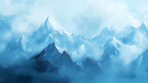 Snowy blue mountain range in soft digital misty light.