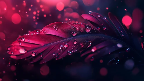 Crimson feather drinks starlit raindrops in neon twilight