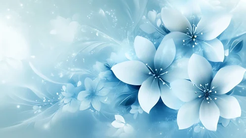 Luminescent Petals in Blue Ethereal Dreamscape.