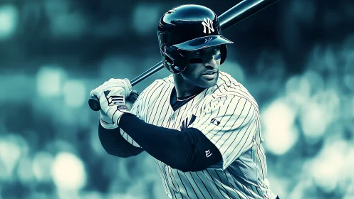 Icy stadium slugger poised in teal tinted twilight focus.