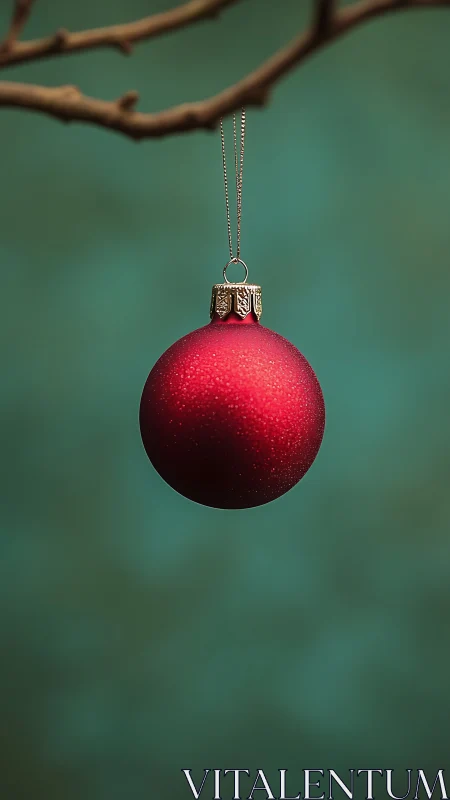 Macro study of suspended red bauble on minimal teal field.