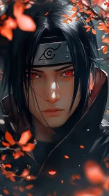 Calm anime warrior framed by glowing crimson petals.