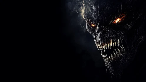 Monochrome demonic creature head rendered with glowing eyes