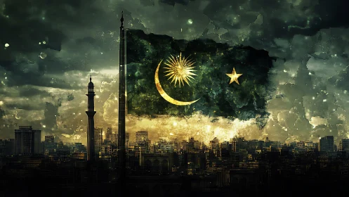 Celestial crescent flag blazing above storm-lit metropolis.