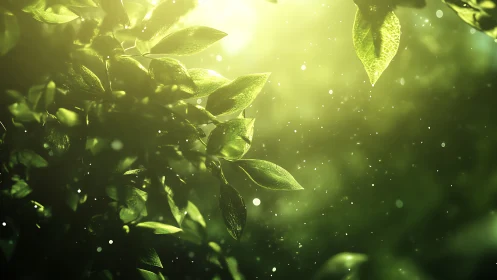 Luminous green foliage bathed in radiant backlit bokeh glow.