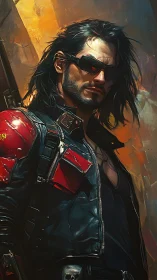 Long-haired man in leather jacket stands against vivid light