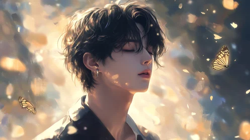 Soft light, quiet breath and butterflies in golden drift.