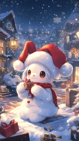 Chibi snowman in Santa outfit clutching gift in snowy village