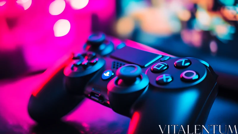 Gamepad under neon bokeh illumination, shallow depth captured.