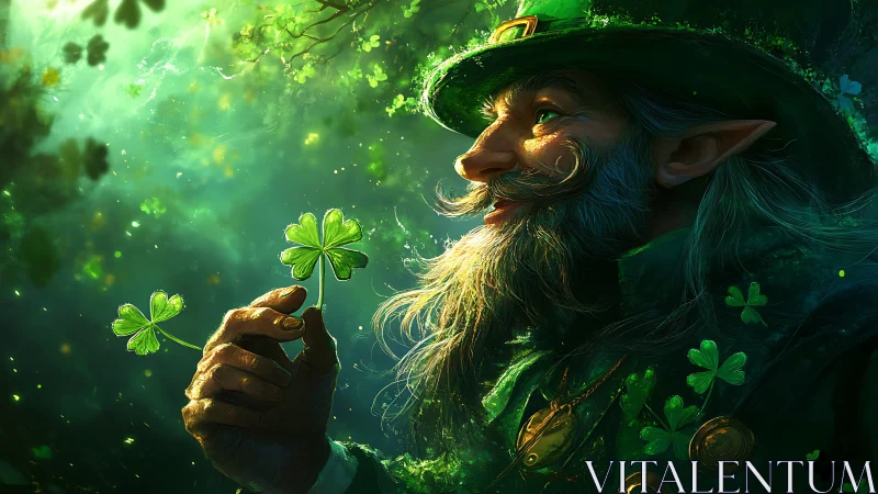 Leprechaun holds glowing shamrock in lush green light.