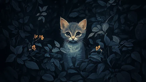 Luminescent Kitten Emerges from Shadow-Draped Garden.