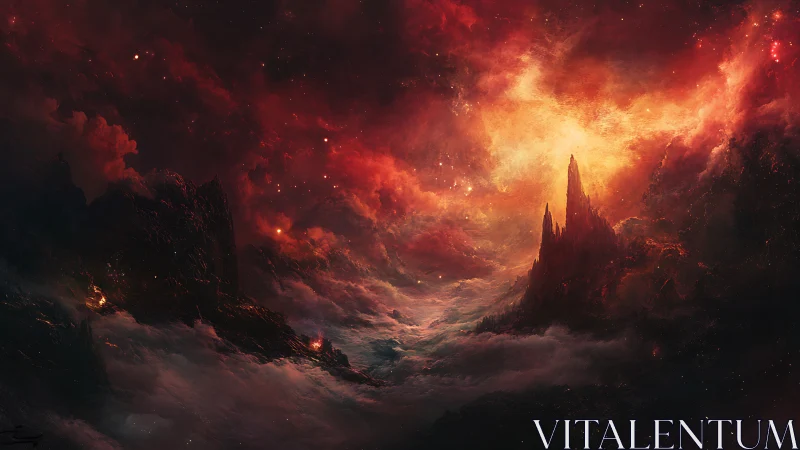 Fiery cosmic peaks rise above swirling nebula clouds.