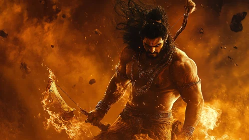 War-god strides through molten storm, axe wreathed in fury.