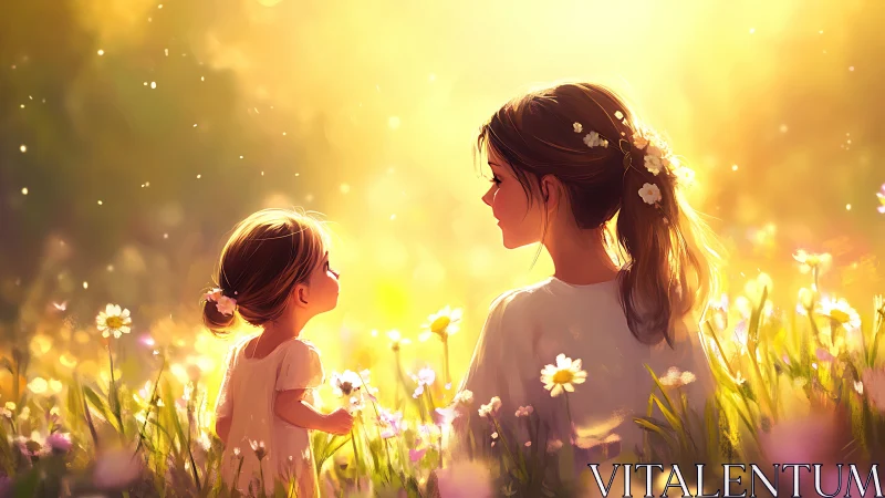 Golden meadow serenity with mother and child at sunset.
