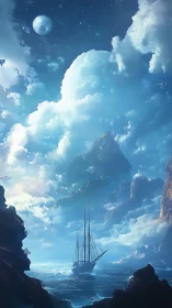 Sailing ship moves through moonlit sea framed by vast clouds