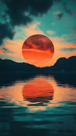 Red sun over calm water with mirrored circular reflection.