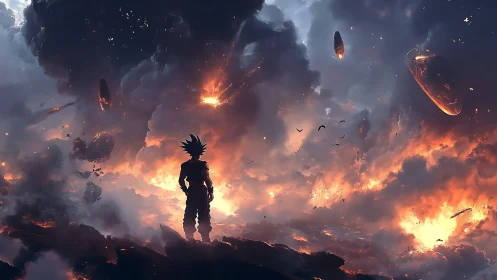 Silhouetted warrior beneath apocalyptic burning skyscape.