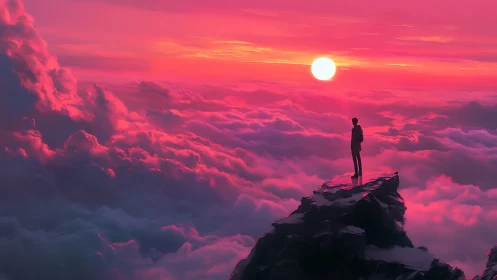 Sunset wanderer standing above a dreamy pink cloud sea.