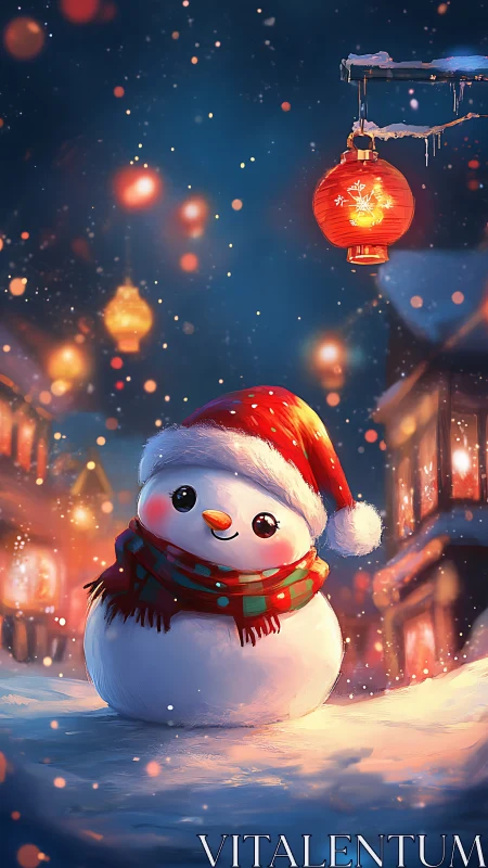 Snowman under red lantern in illuminated winter street.